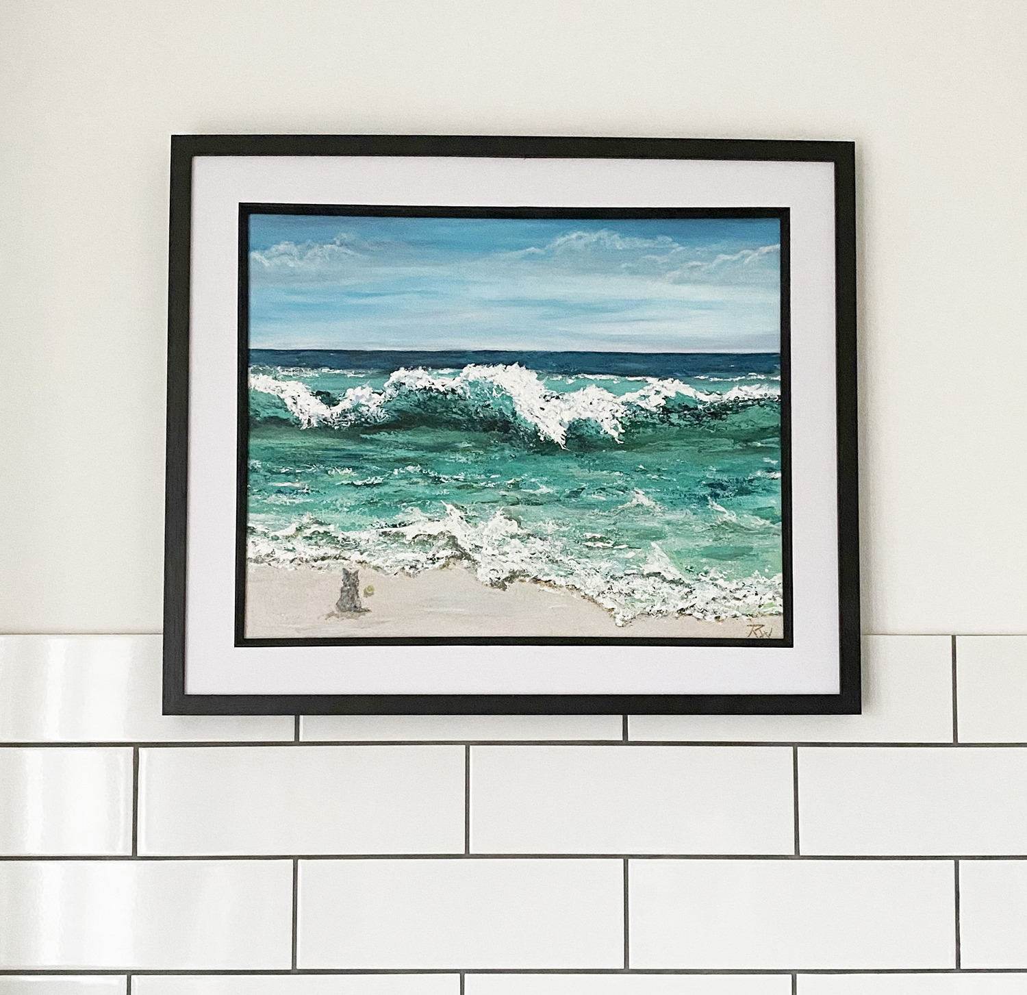 dog on beach - wall mounted